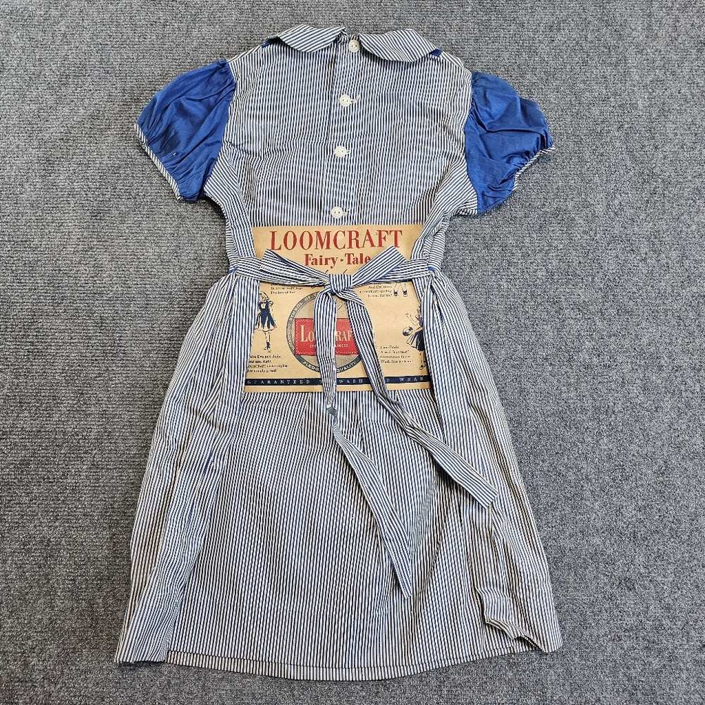 VTG 50s LOOMCRAFT Fairytale Frock Girl Blue Stripe DRESS 7 Deadstock NWT RARE